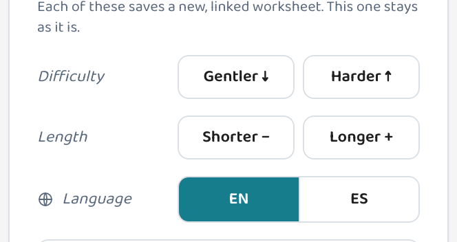 Lessonpress's Level up/down, length, and English/Spanish controls.
