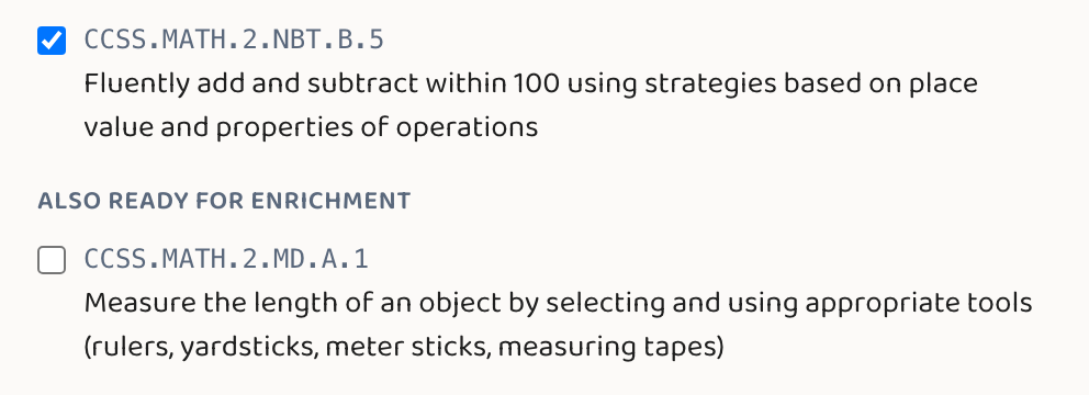 The enrichment modal's standard selection — an Advanced standard pre-checked, with a Proficient standard offered unchecked under 'Also ready for enrichment.'