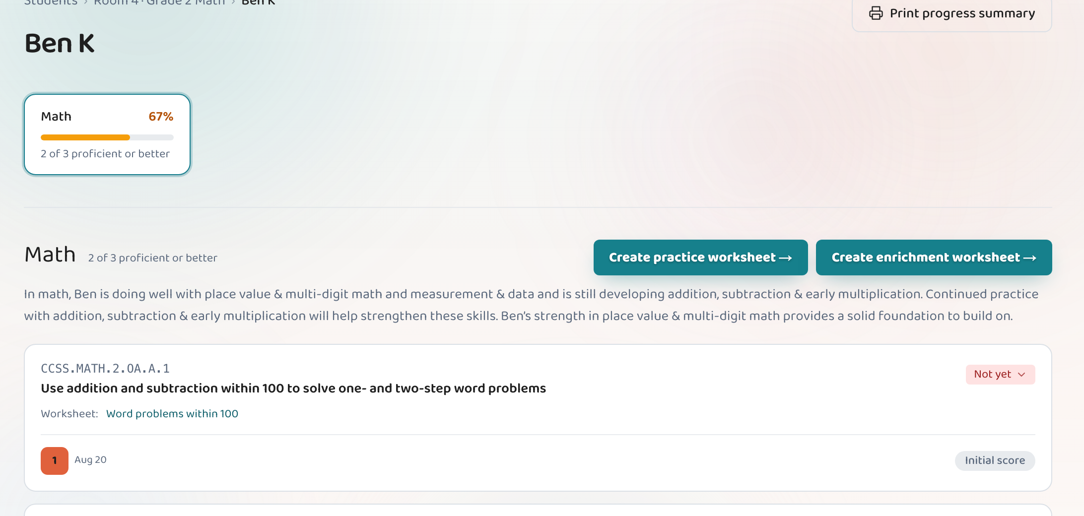 A student's page in Lessonpress — their mastery by standard (including an Advanced one), with 'Create practice worksheet' and 'Create enrichment worksheet' buttons.