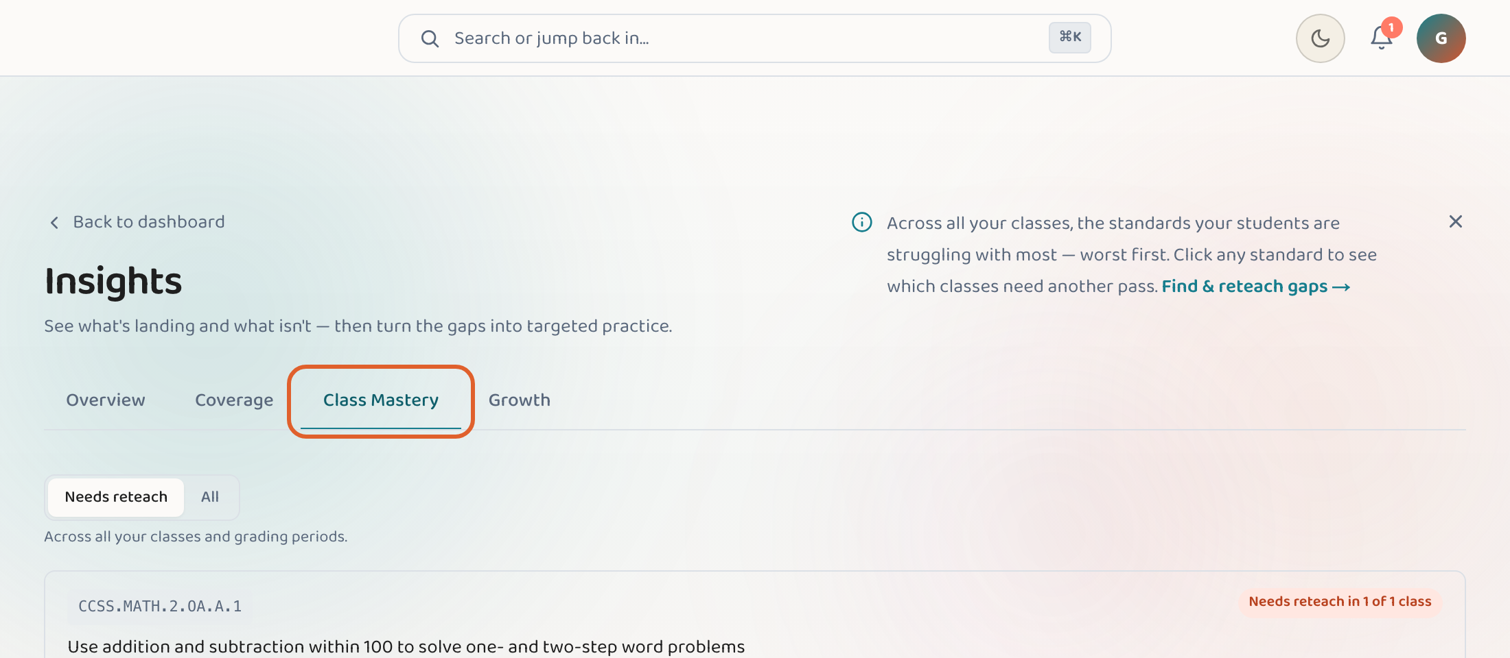 The Lessonpress Insights 'Class Mastery' tab — standards a teacher's classes struggle with, ranked worst-first.