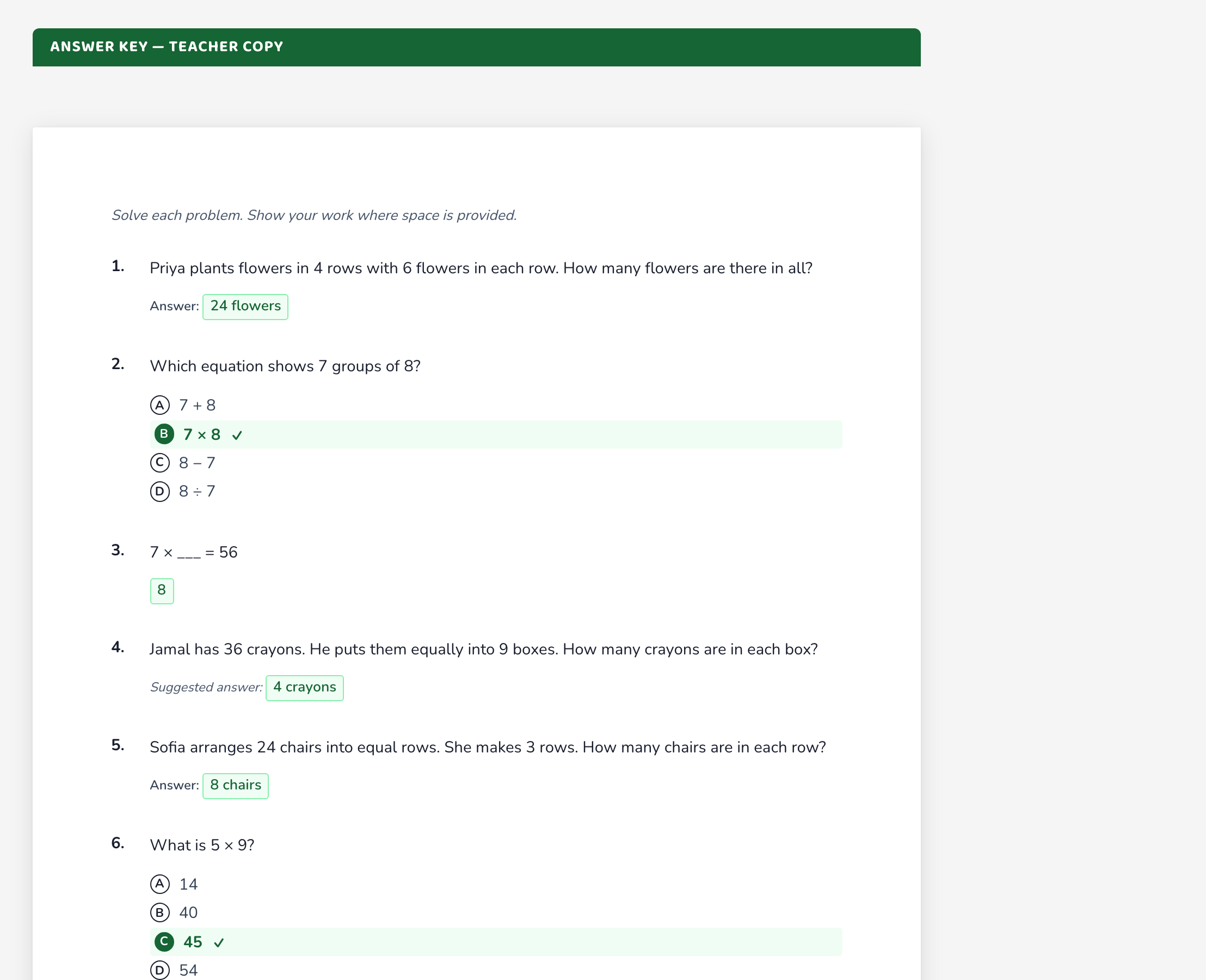 The Lessonpress answer key — a filled-in copy of the worksheet with every answer shown and the correct multiple-choice option highlighted.