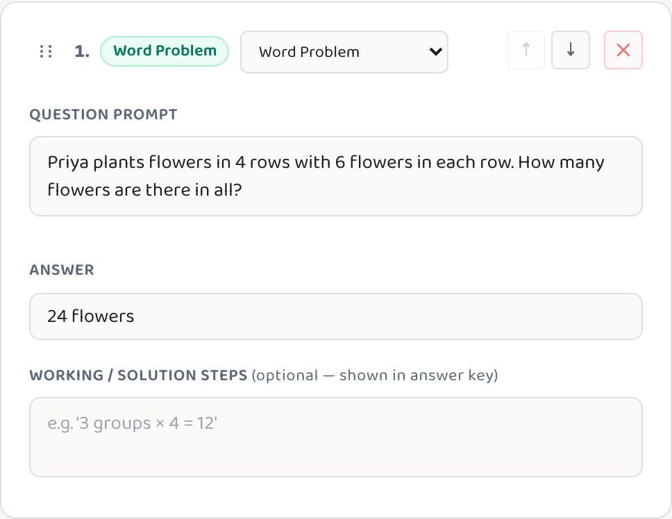 A question block in the Lessonpress editor — drag handle, type selector, move and delete controls, and editable prompt and answer fields.