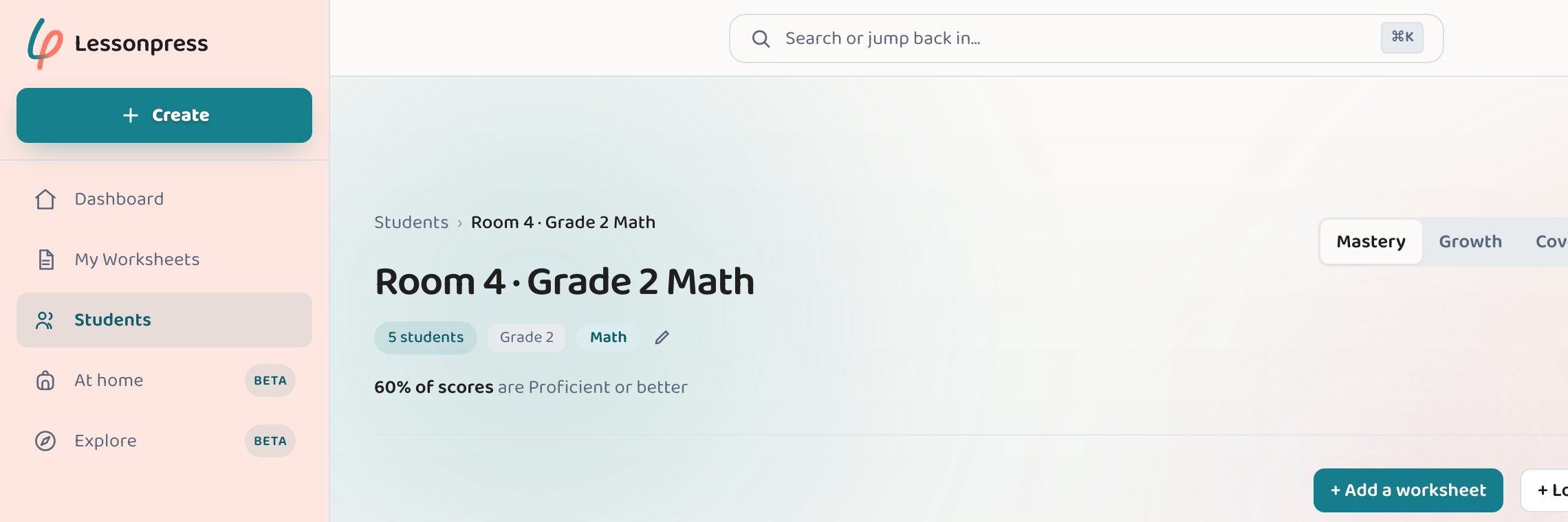 A Lessonpress class page with the Period dropdown set to “Term 1” — the mastery KPIs and scoring grid below it show only that grading period's scores.
