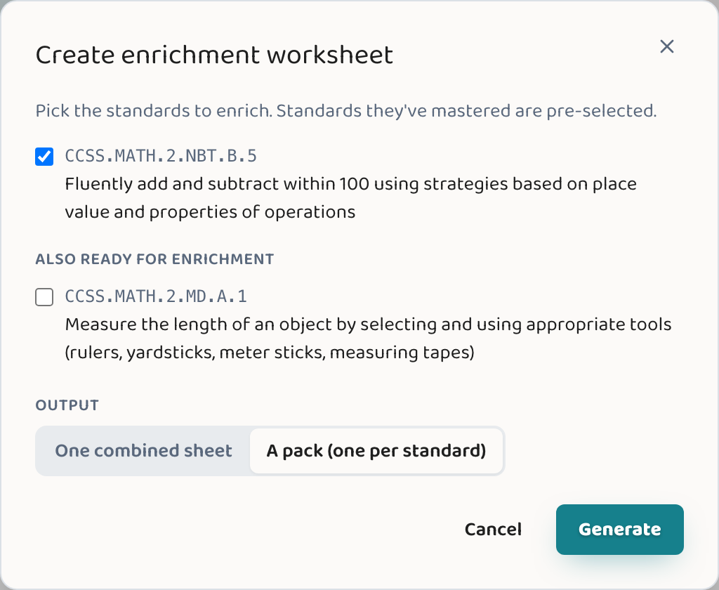 The Lessonpress enrichment modal — standards a student has already mastered, pre-selected to generate a harder, deeper worksheet.