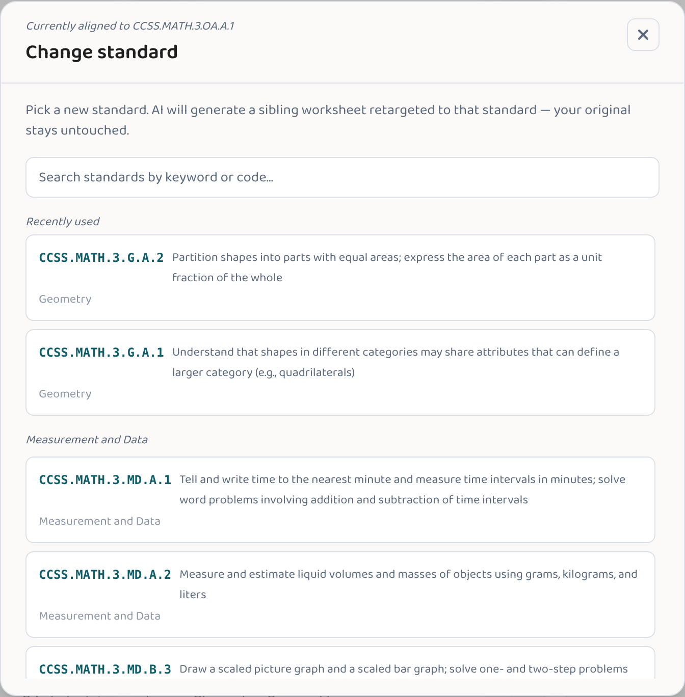 The 'Change standard' picker in Lessonpress — search for a new standard to retarget a worksheet to, leaving the original untouched.