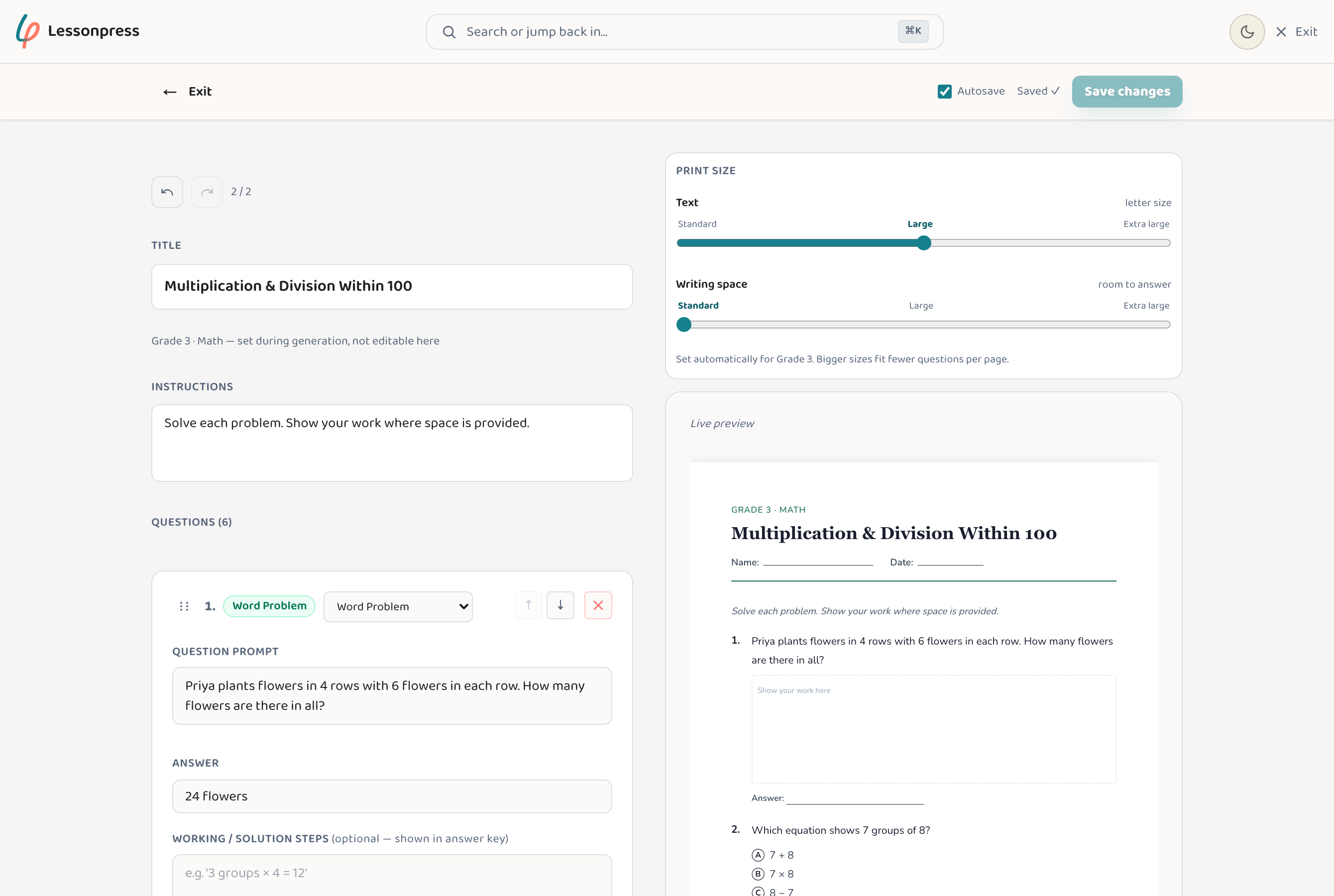 The Lessonpress block editor — editable title, instructions, and question blocks on the left with a live worksheet preview on the right.