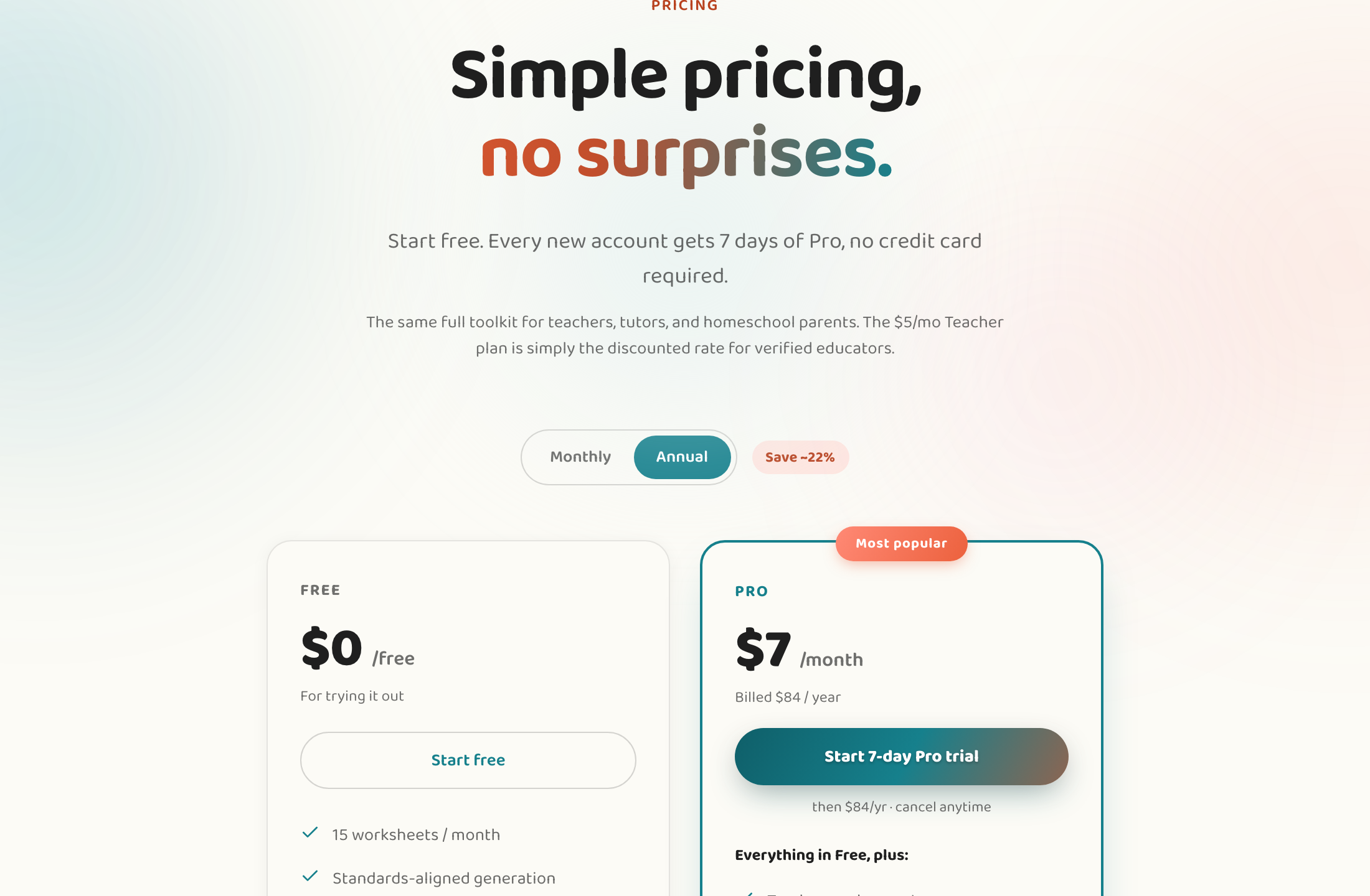 The Lessonpress pricing page — the Free and Pro cards side by side, with an 'I'm a teacher — $4/mo with a school email' option at the bottom of the Pro card.