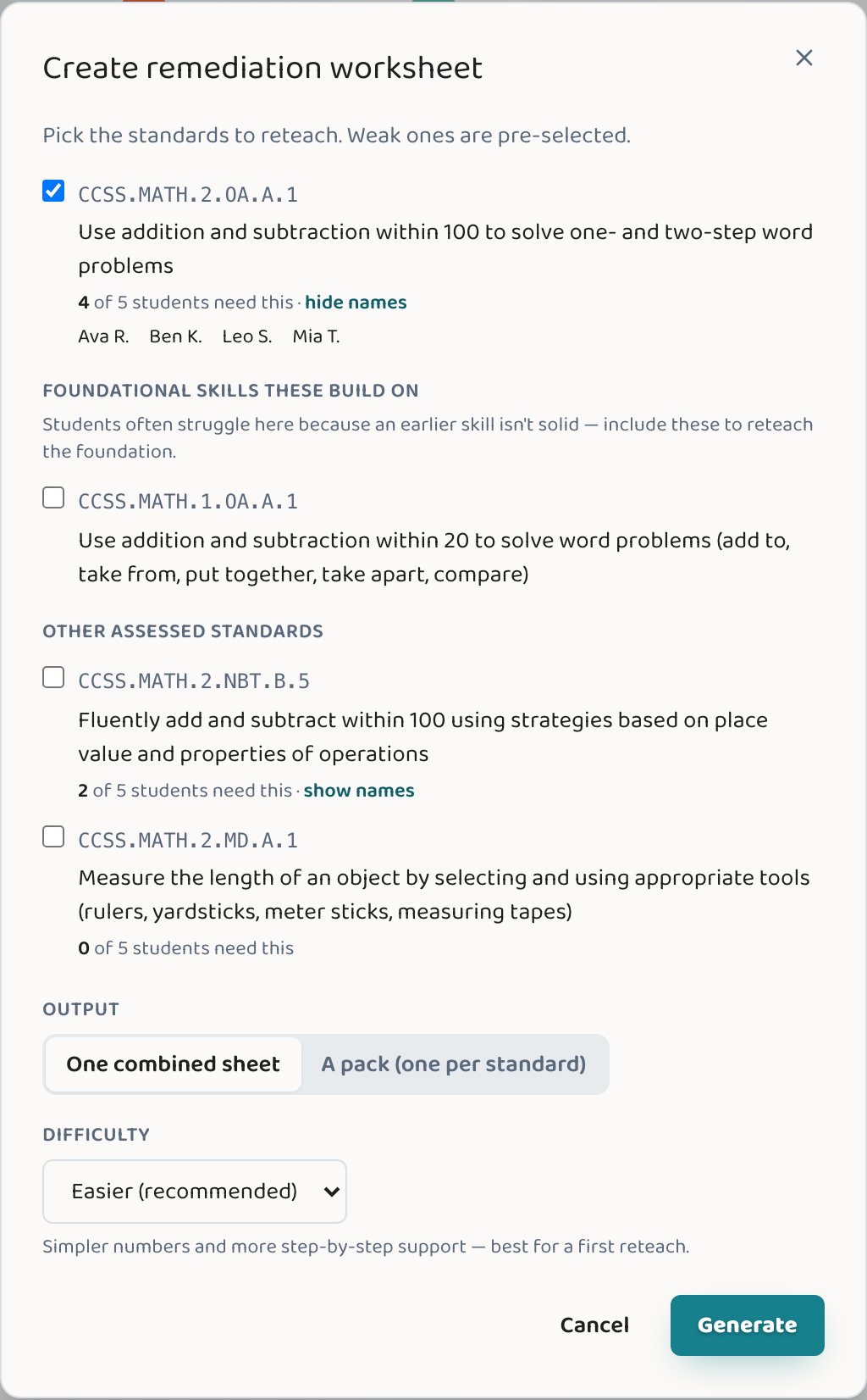 The Lessonpress remediation modal — the weak standard pre-selected, a 'N of M students need this' roster with the students' names, and foundational prerequisite skills offered as opt-in suggestions.