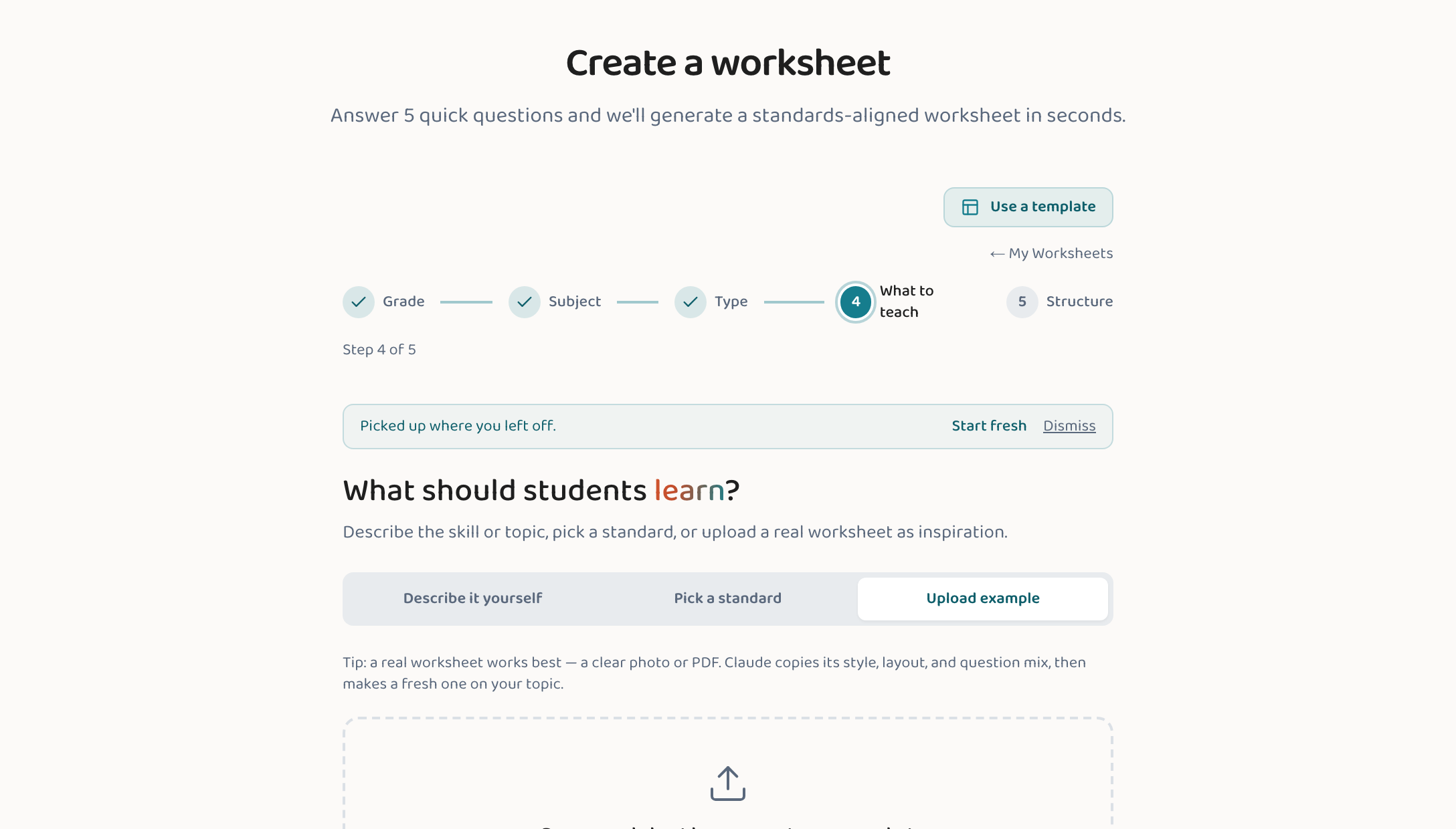 The Lessonpress wizard on the 'Upload example' step — a dropzone to drop a worksheet photo or PDF, or paste a screenshot.