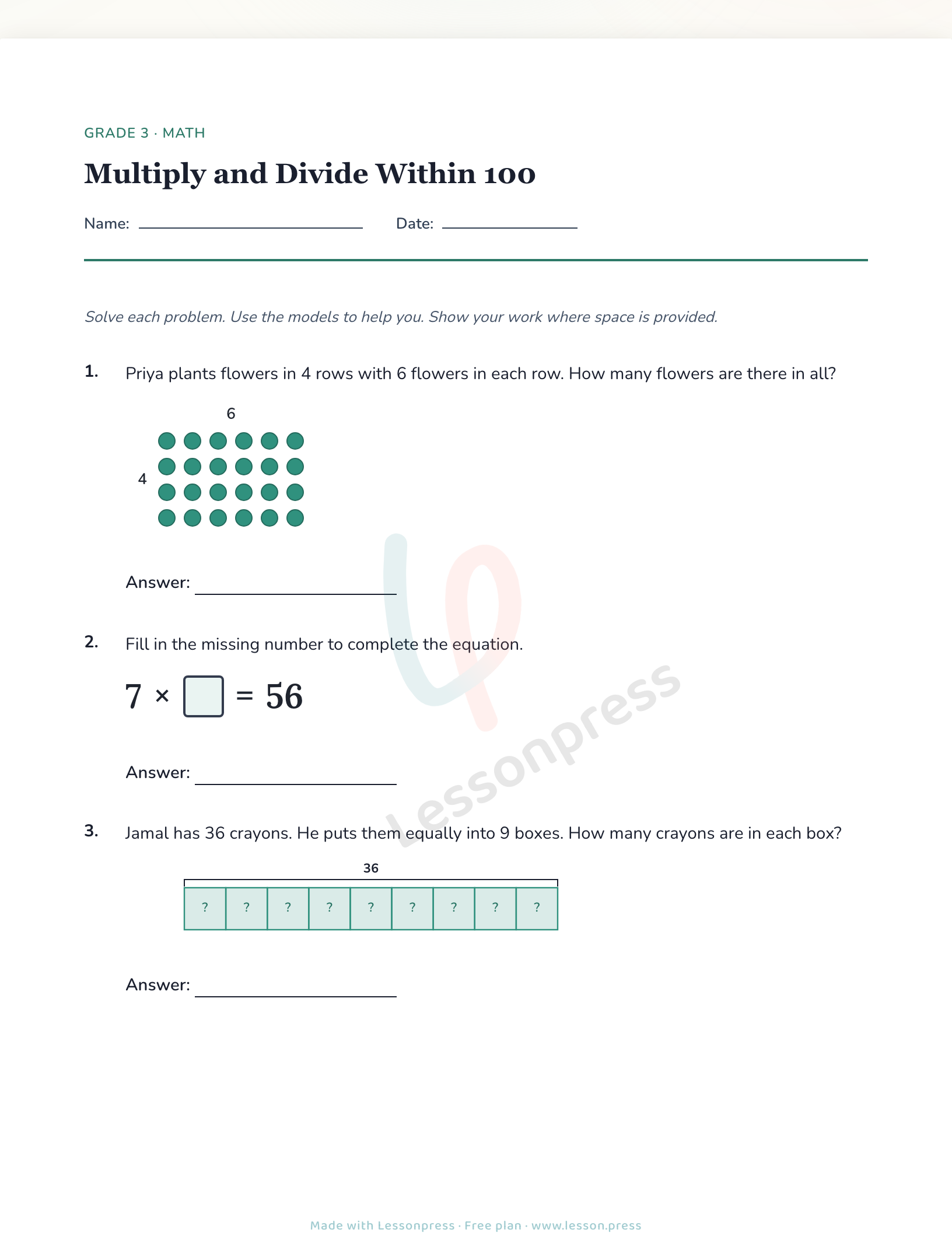 A finished worksheet made with Lessonpress, ready to print.