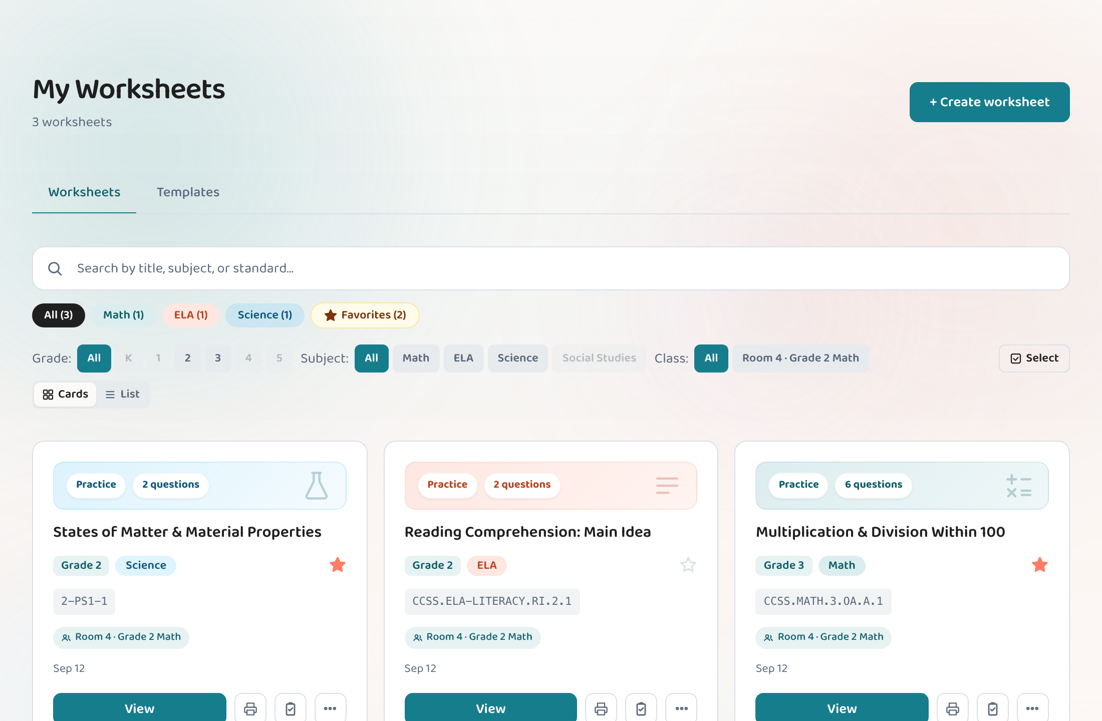 The 'My Worksheets' library in Lessonpress — subject-themed card banners, search box, quick-filter pills for subjects and favorites, 1-click Quick Print, and overflow action menus.