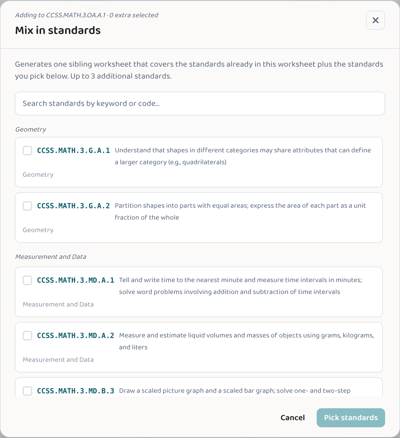 The Lessonpress 'Mix in standards' picker — add up to three more standards to combine several on a single worksheet.