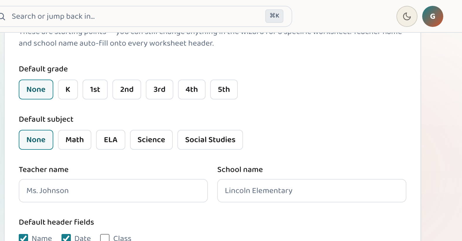 The Classroom defaults settings in a Lessonpress account — default grade, subject, teacher name, school name, and header fields that pre-fill the wizard.