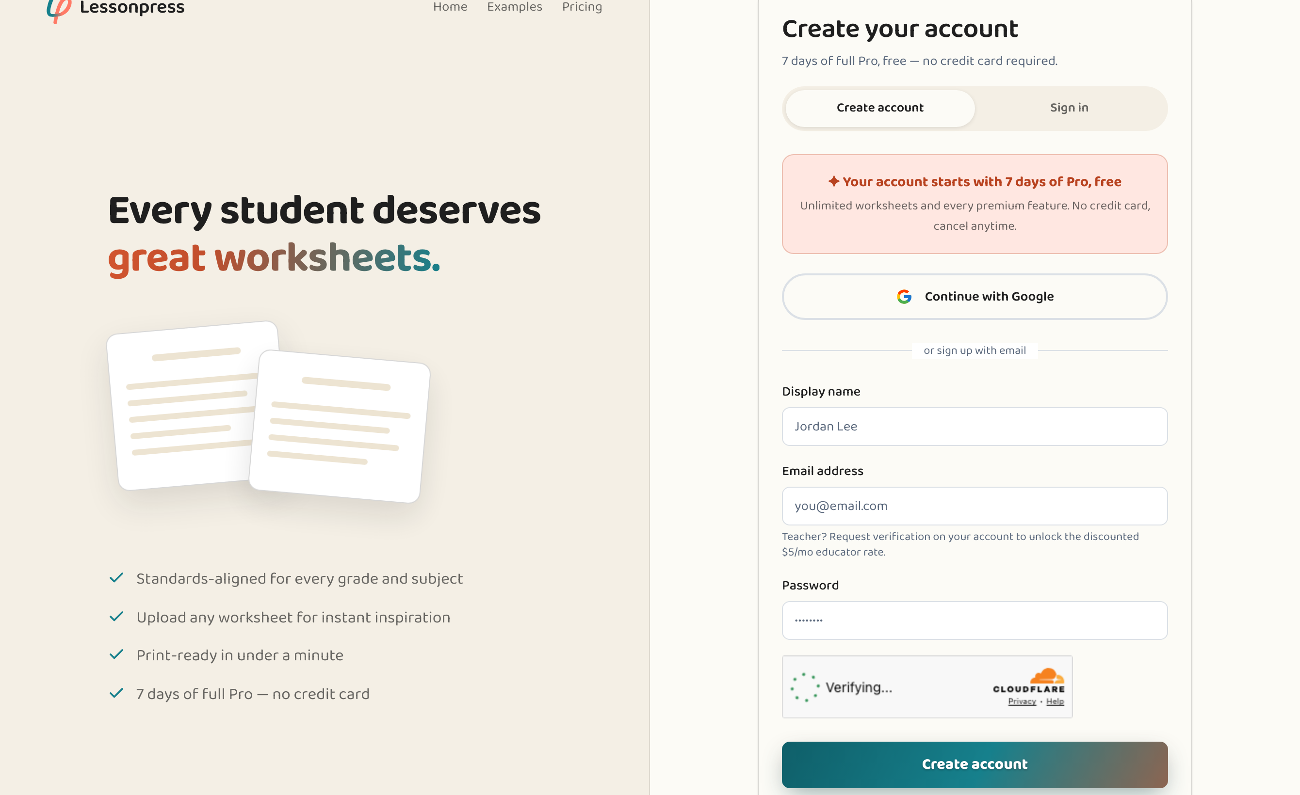 The Lessonpress sign-up page — create an account with email and password or 'Continue with Google', with a free 7-day Pro trial and no credit card.