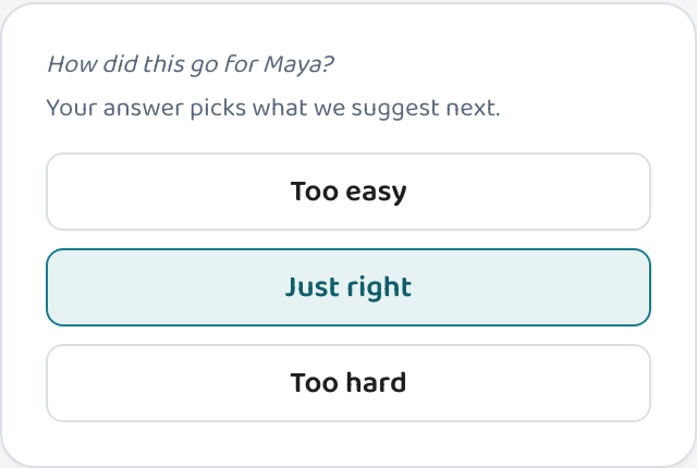 The Too easy, Just right and Too hard buttons shown under a worksheet in Lessonpress.