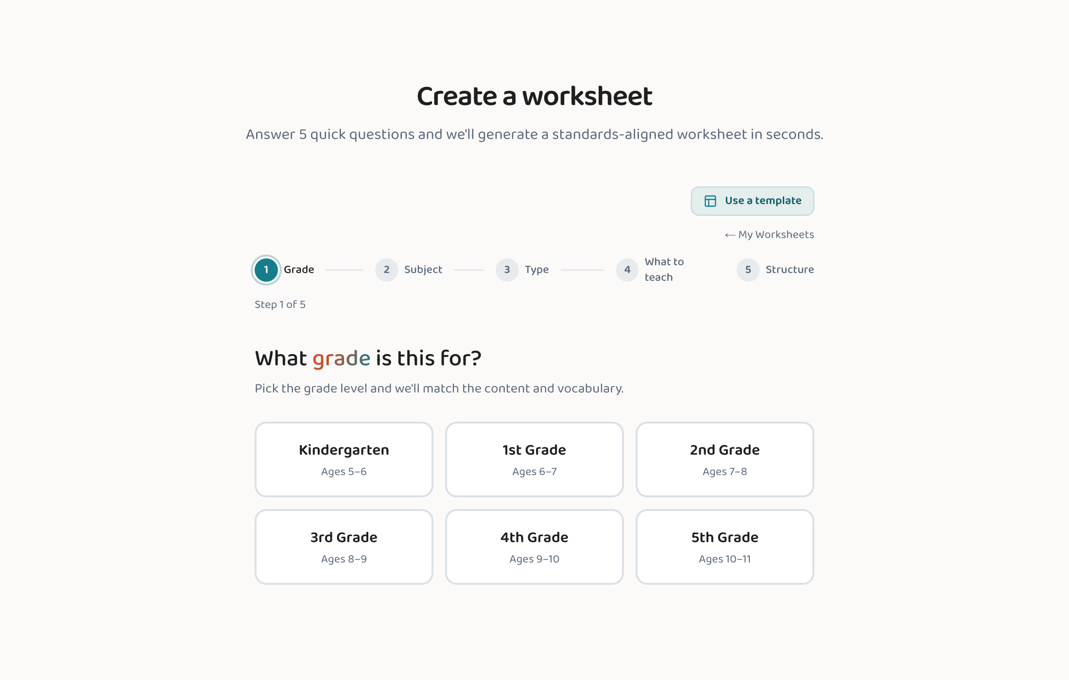 The Lessonpress wizard, step 1 — pick a grade from Kindergarten through Grade 5.