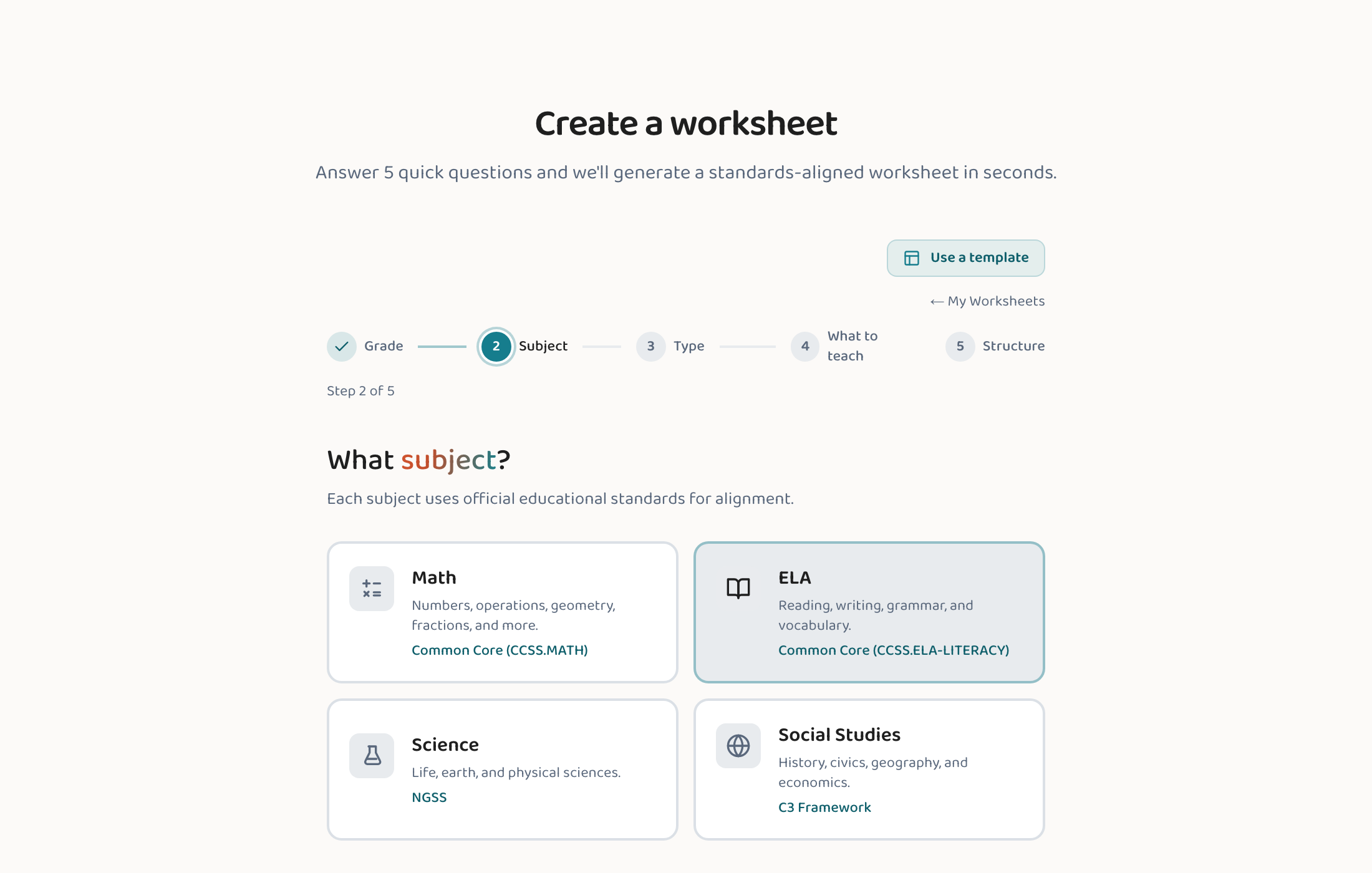 The Lessonpress wizard, step 2 — choose a subject: Math, ELA, Science, or Social Studies.