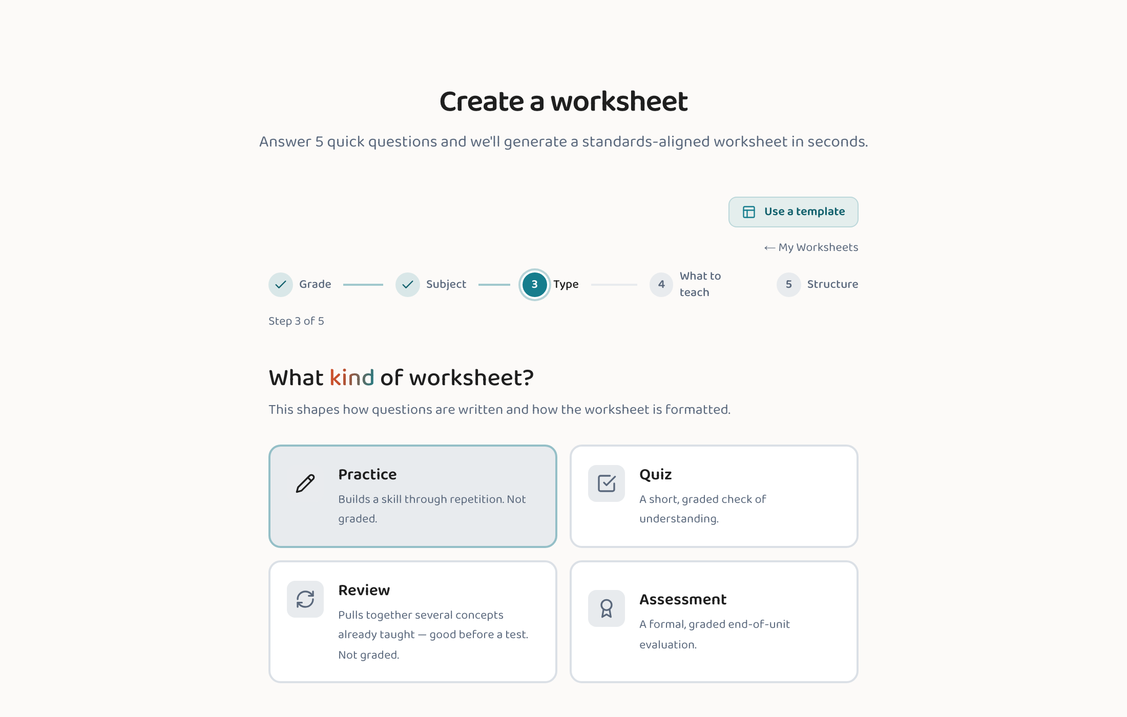 The Lessonpress wizard, step 3 — choose a worksheet type, such as Practice, Quiz, Review, or Assessment.