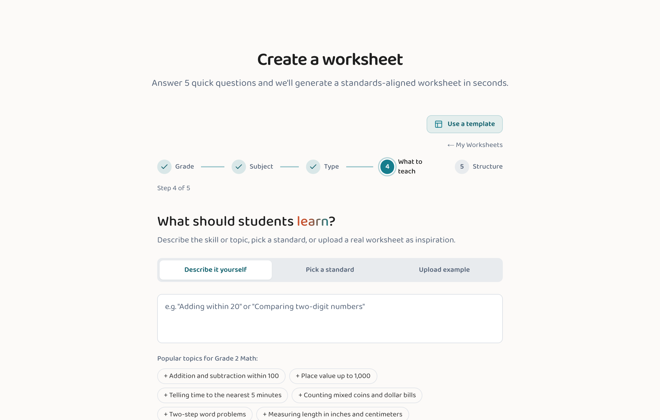 The Lessonpress wizard, step 4 — describe what to teach in plain English, pick a standard, or upload an example.