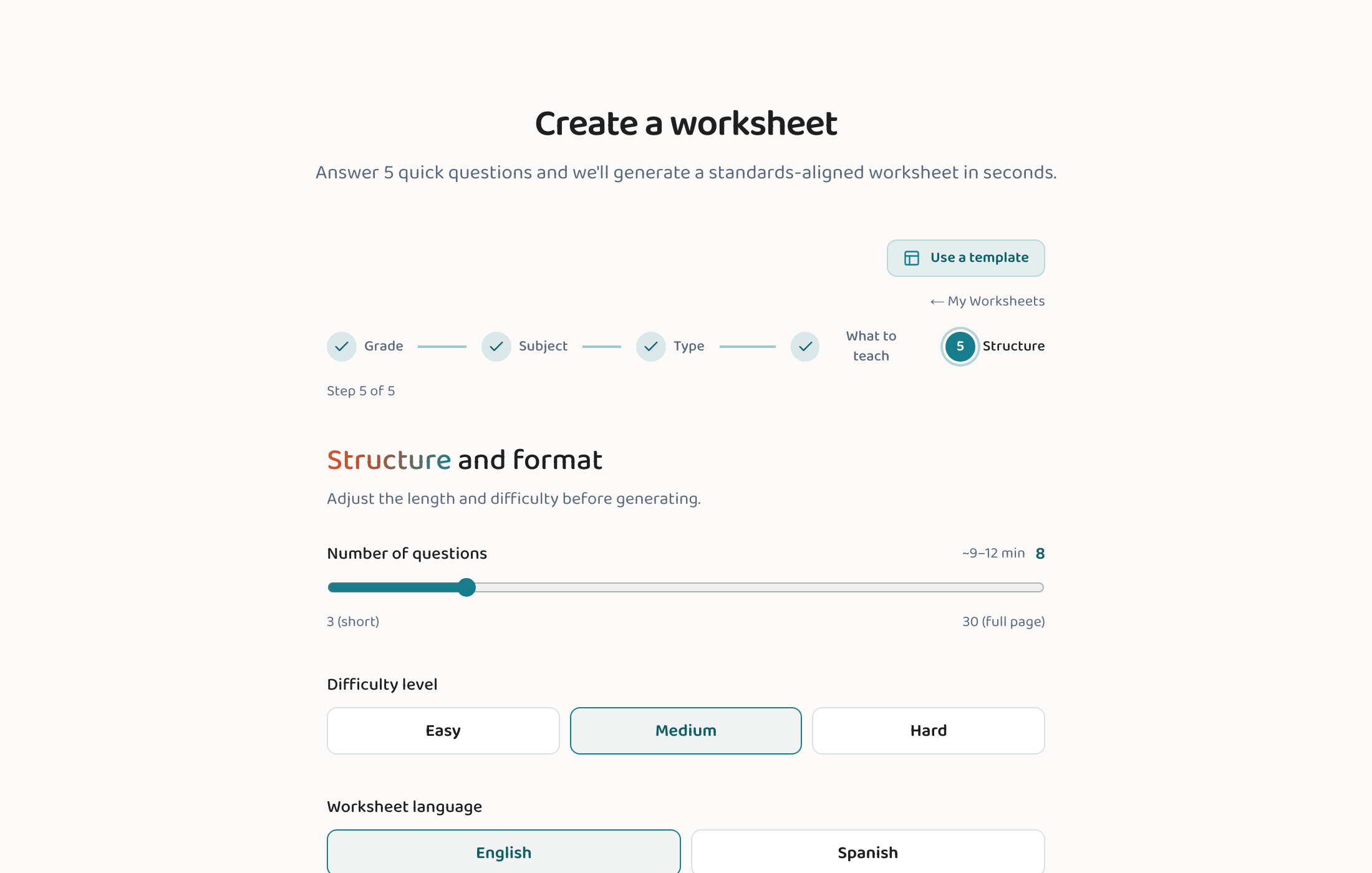 The Lessonpress wizard, step 5 — set the number of questions and difficulty, then generate.