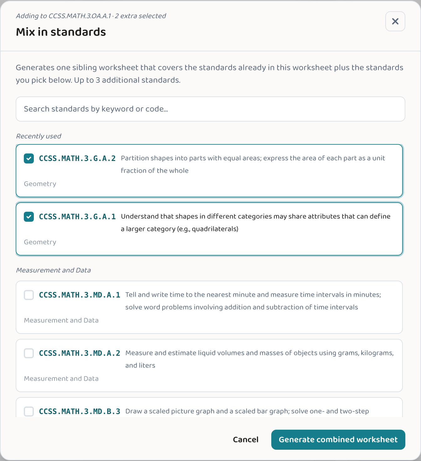 The Lessonpress 'Mix in standards' picker with two extra standards selected, ready to build one combined worksheet.