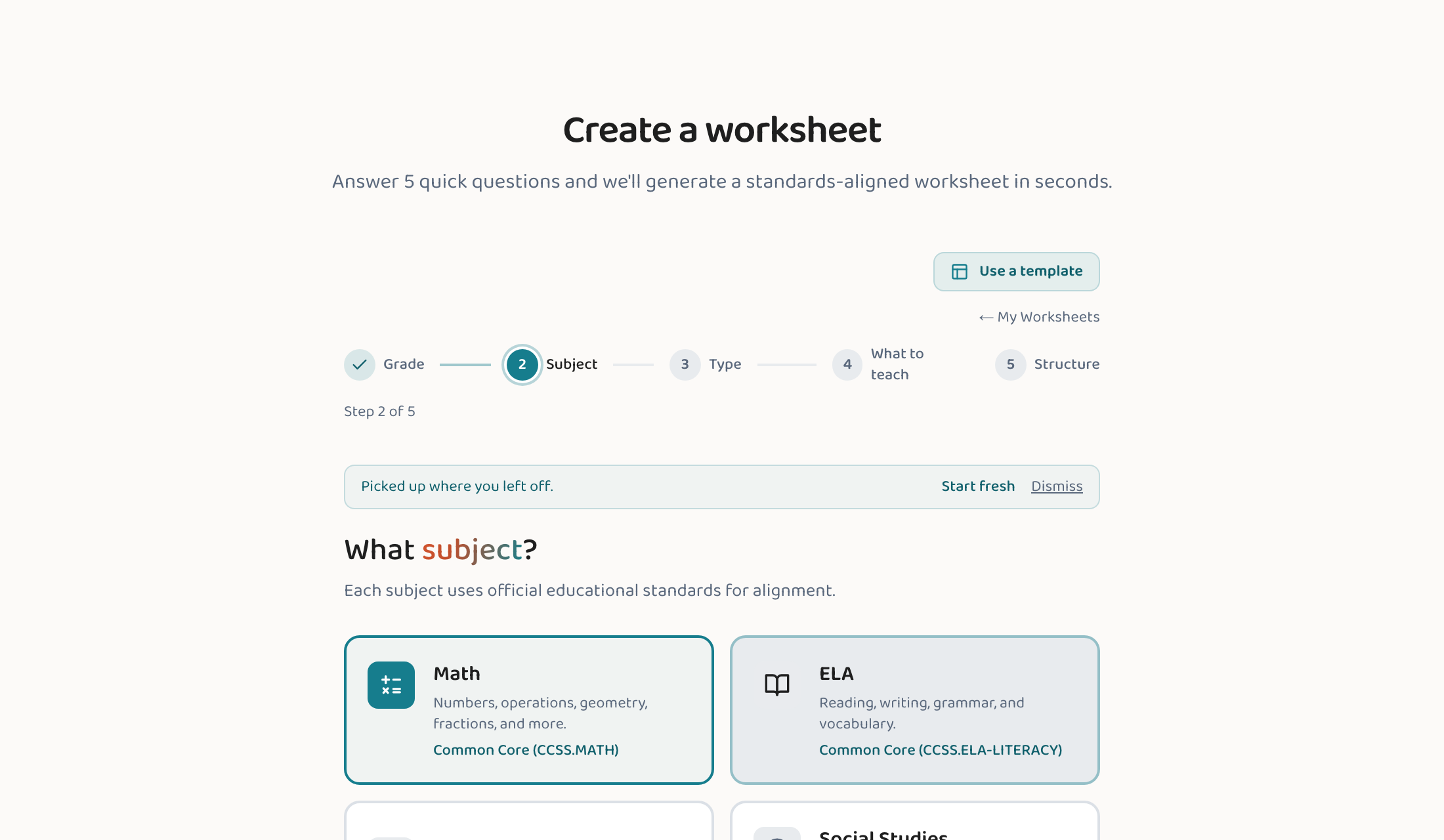 The Lessonpress wizard subject step — Math, English Language Arts, Science, and Social Studies, each aligned to its standards framework.