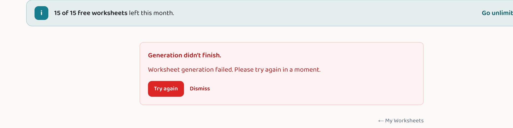 The Lessonpress generation error banner — 'Generation didn't finish' with 'Try again' and 'Dismiss' buttons.